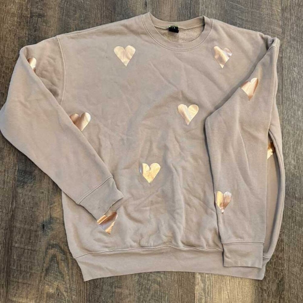 SR Light Brown Beige Sweatshirt with Gold Hearts - women's large